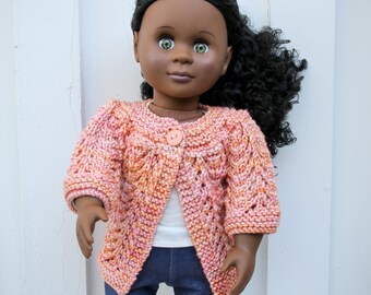 Doll Cardigan Hand Knitted in a Peach Colored Lace Pattern with 3/4 Long Sleeves for 18 Inch Doll - Handmade Doll Sweater in Pastel Colors