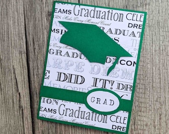 Graduation Card in Green and White for College and High School Graduation, Congratulations Grad, Green Graduation Cap, Handmade Notecard