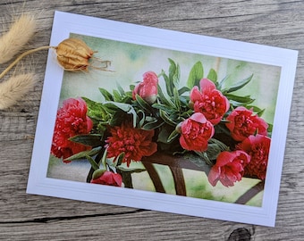 Red Peonies On Table Photo Greeting Card - Flowers Photo Card for Gardeners and Nature Lovers - Fine Art Photography - Peony Still Life Card