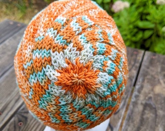 Hand Knitted Baby Hat in Colors of the Southwest - Orange, Turquoise and White - Swirl Hat for Infants 3 - 12 Months Old - Baby Beanie