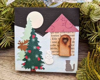 Christmas Ornament on Mini Canvas Featuring Full Moon Winter Scene with Moose, Cat, Trees, House and Snowman - Original Mixed Media Art