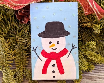 Blue Painted Snowman Ornament Made of Wood - Handmade Christmas Tree Decoration - Ornament for the Holiday Home - Primitive Art