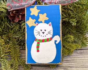 White Cat Wooden Christmas Ornament - Painted White Cat - Handmade Christmas Tree Decoration - Christmas Cat Ornament - Holiday Ornament