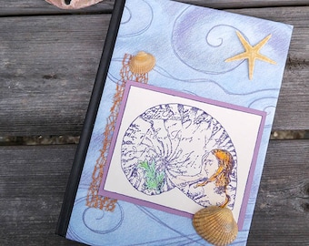 Mermaid Journal Blue and Lavender Notebook with Shells and Starfish Medium Sized Beach Journal and Travel Planner Altered Notebook