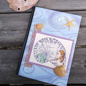 Mermaid Journal Blue and Lavender Notebook with Shells and Starfish Medium Sized Beach Journal and Travel Planner Altered Notebook image 1