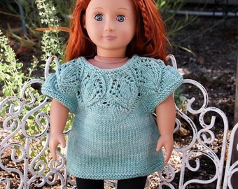 Doll Tunic for 18-Inch Dolls - Aqua Tunic with Leaf Yoke - Hand Knitted Sweater in Water Green Color  - Handmade Apparel for Fashion Dolls