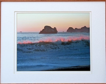 Pink Waves Photo - Pacific Ocean at Sunset - Fine Art Photography - Nature Photo Print - Northern California Coast - Beach Cottage Decor