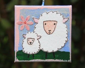 Mini Canvas Ornament with Mama Sheep and Her Lamb for Easter and Spring Original Mixed Media Artwork of Spring Sheep Mother and Child