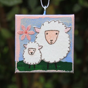 Mini Canvas Ornament with Mama Sheep and Her Lamb for Easter and Spring Original Mixed Media Artwork of Spring Sheep Mother and Child image 1