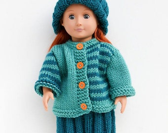 Doll Three-Piece Set Hand Knitted in Teal, Handmade Partly Striped Sweater with Orange Buttons for 18-Inch Doll, Hand Knitted Skirt And Hat