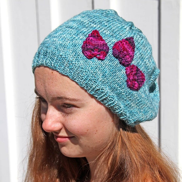 Blue Slouchy Hat with Magenta Leaves - Hand Knitted Woman's Hat - Beanie in Colors of the Ocean - Fall and Winter Accessory - Gift for Teens
