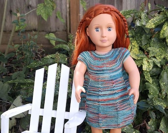 Doll Dress with Cap Sleeves for 18 Inch Doll - Hand Knit Dress with Hand Painted Yarn - Shades of Teal with Orange and Red - Doll Clothes