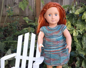 Doll Dress with Cap Sleeves for 18 Inch Doll - Hand Knit Dress with Hand Painted Yarn - Shades of Teal with Orange and Red - Doll Clothes