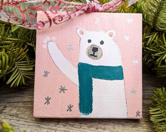 Polar Bear Mini Canvas Holiday Ornament Handmade Christmas Ornament Acrylic Painting of Polar Bear Hand Painted Ornament Mini Painting