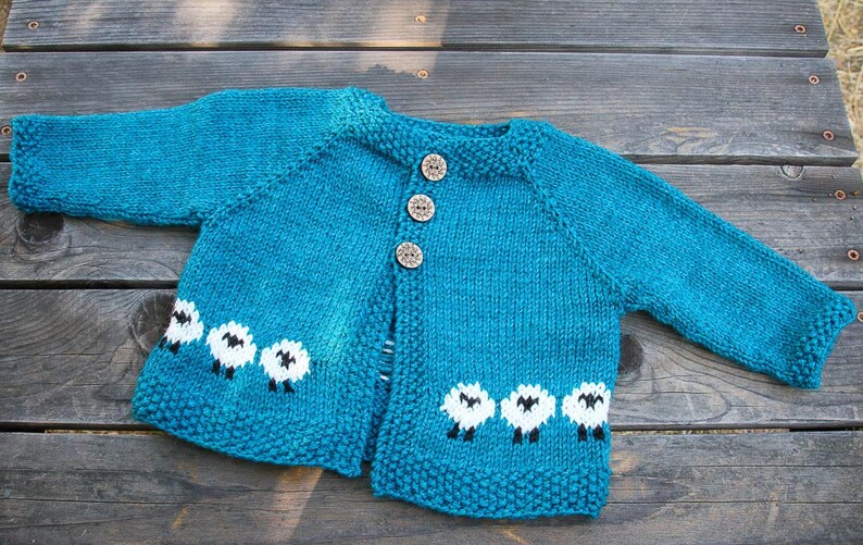 Hand Knitted Teal Blue Baby Cardigan With Sheep and Matching Etsy