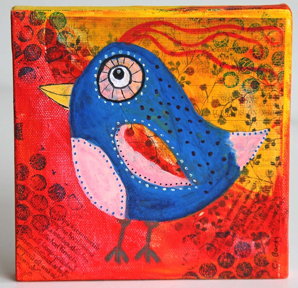 Quirky Bird Mixed Media Painting on 6 x 6 Canvas Red and Etsy