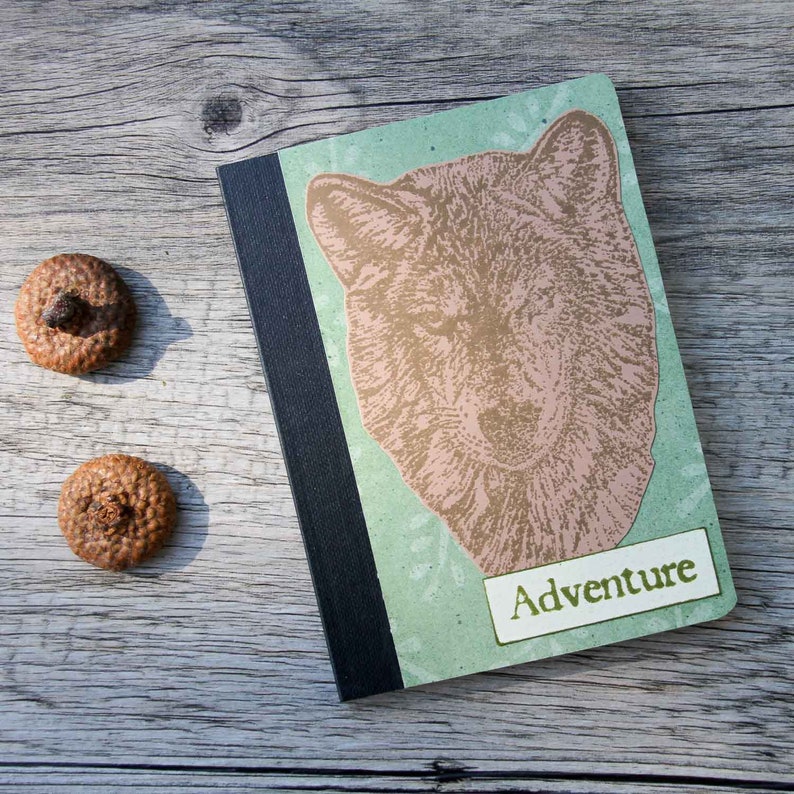 Wolf Mini Journal  Adventure Notebook  Green and Brown image 0