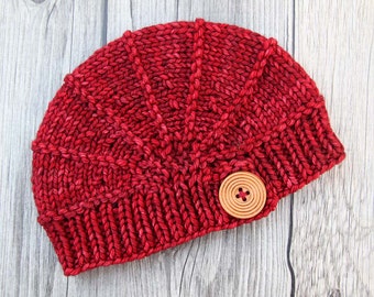 Red Hand Knitted Hat with Wood Button for Newborn Babies - Baby Beanie - Infant Hat - Welcome Home Baby - Gift for New Parents - Baby Shower
