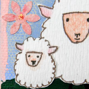 Mini Canvas Ornament with Mama Sheep and Her Lamb for Easter and Spring Original Mixed Media Artwork of Spring Sheep Mother and Child image 6