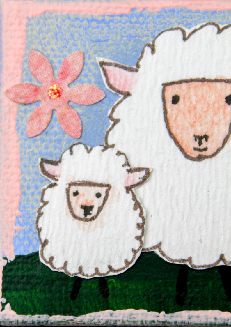 Mini Canvas Ornament with Mama Sheep and Her Lamb for Easter and Spring Original Mixed Media Artwork of Spring Sheep Mother and Child image 6