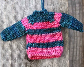 Striped Sweater Ornament for Christmas Tree or Holiday Decoration - Hand Knit Mini Pullover in Pink and Teal