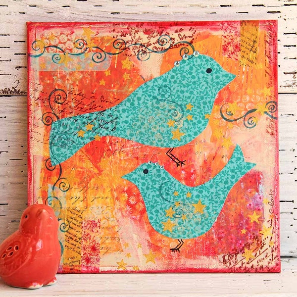 Turquoise Birds Mixed Media Painting on 8x8 Canvas Board, Original Artwork, Acrylic Painting, Gift for Bird Lovers, Orange And Turquoise