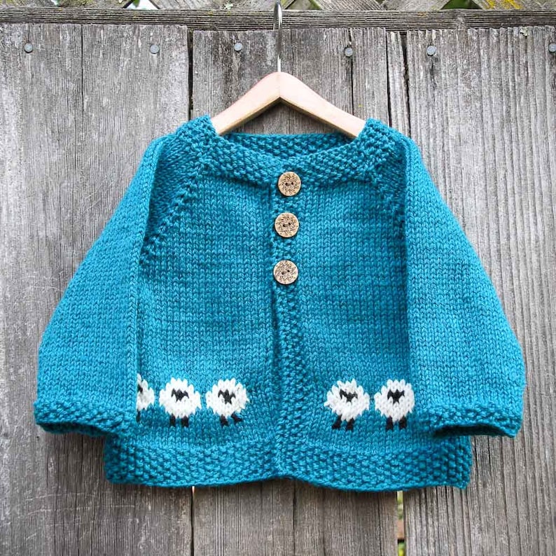 Hand Knitted Teal Blue Baby Cardigan With Sheep and Matching Etsy
