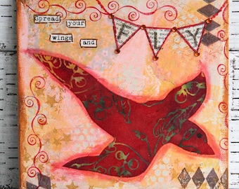 Flying Bird Mixed Media Painting: Original Artwork on Canvas (8x8)