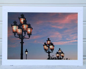 Paris Street Lights Photo Greeting Card, Paris at Night, Fine Art Photography, Pink Evening Sky, Lamps at the Louvre, Lighting up the Night