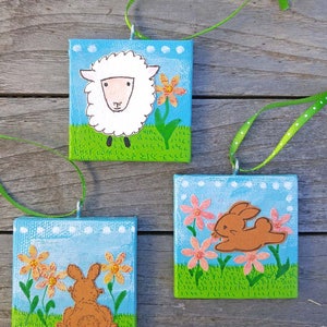 Mini Canvas Ornament with Mama Sheep and Her Lamb for Easter and Spring Original Mixed Media Artwork of Spring Sheep Mother and Child image 9