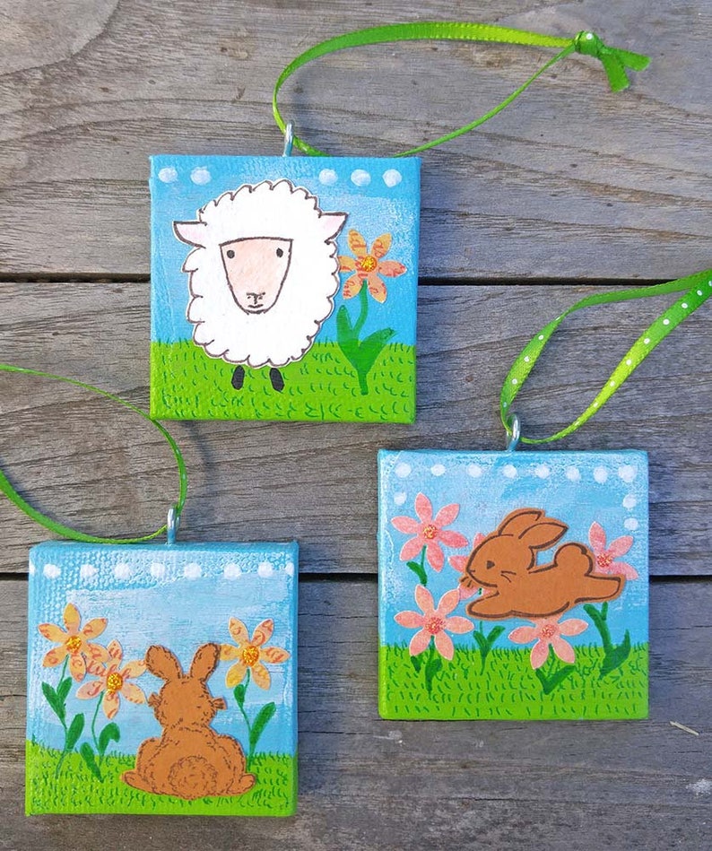 Mini Canvas Ornament with Mama Sheep and Her Lamb for Easter and Spring Original Mixed Media Artwork of Spring Sheep Mother and Child image 9