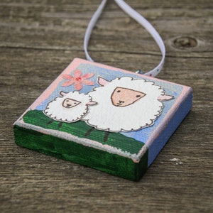 Mini Canvas Ornament with Mama Sheep and Her Lamb for Easter and Spring Original Mixed Media Artwork of Spring Sheep Mother and Child image 4