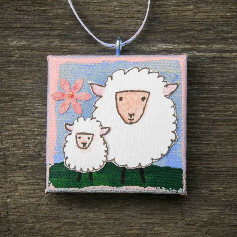 Mini Canvas Ornament with Mama Sheep and Her Lamb for Easter and Spring Original Mixed Media Artwork of Spring Sheep Mother and Child image 3