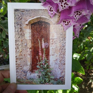 Medieval Church Door and Flowers Photo Greeting Card English Countryside in Norfolk Broads Weathered Wood Door Fine Art Photography image 2