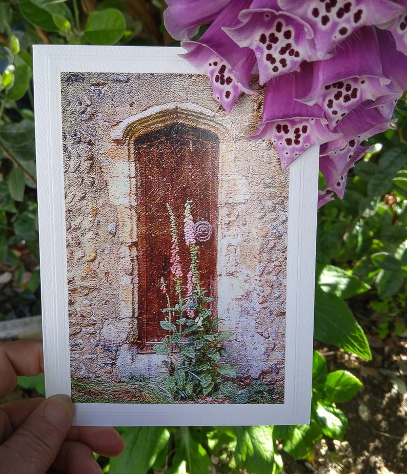 Medieval Church Door and Flowers Photo Greeting Card English Countryside in Norfolk Broads Weathered Wood Door Fine Art Photography image 2