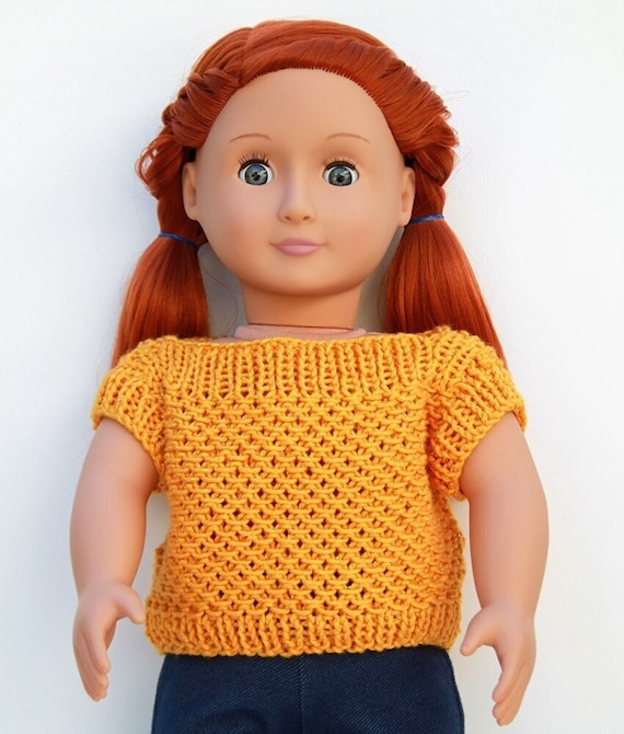 Yellow Doll Short Sleeve Summer Sweater With Matching Infinity Scarf - Hand Knitted Sweater in Interesting Pattern for 18-Inch Fashion Dolls