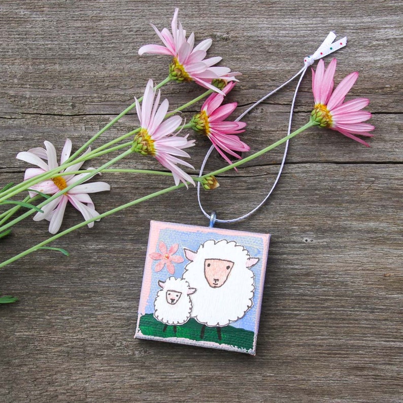 Mini Canvas Ornament with Mama Sheep and Her Lamb for Easter and Spring Original Mixed Media Artwork of Spring Sheep Mother and Child image 7