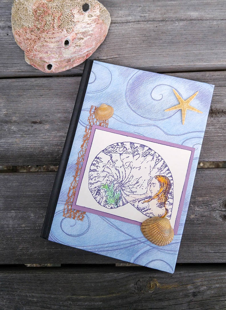 Mermaid Journal Blue and Lavender Notebook with Shells and Starfish Medium Sized Beach Journal and Travel Planner Altered Notebook image 1