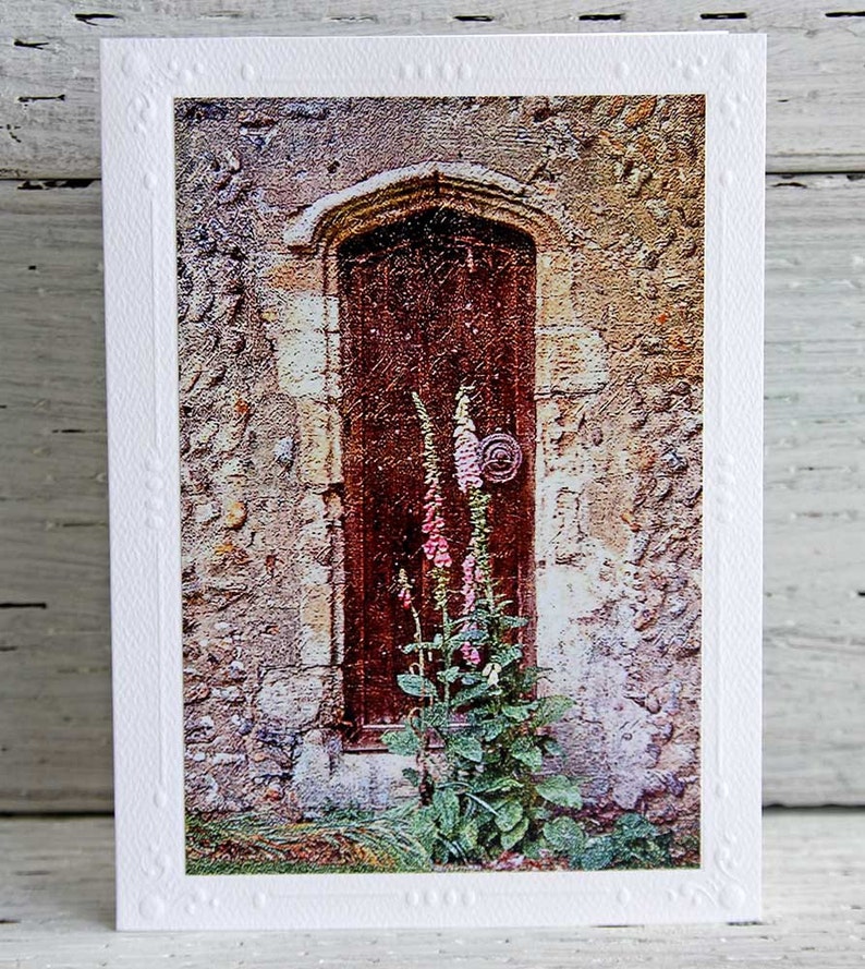 Medieval Church Door and Flowers Photo Greeting Card English Countryside in Norfolk Broads Weathered Wood Door Fine Art Photography image 3