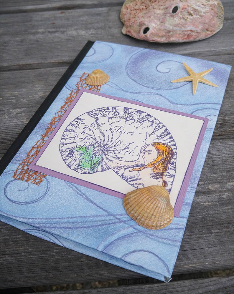 Mermaid Journal Blue and Lavender Notebook with Shells and Starfish Medium Sized Beach Journal and Travel Planner Altered Notebook image 2