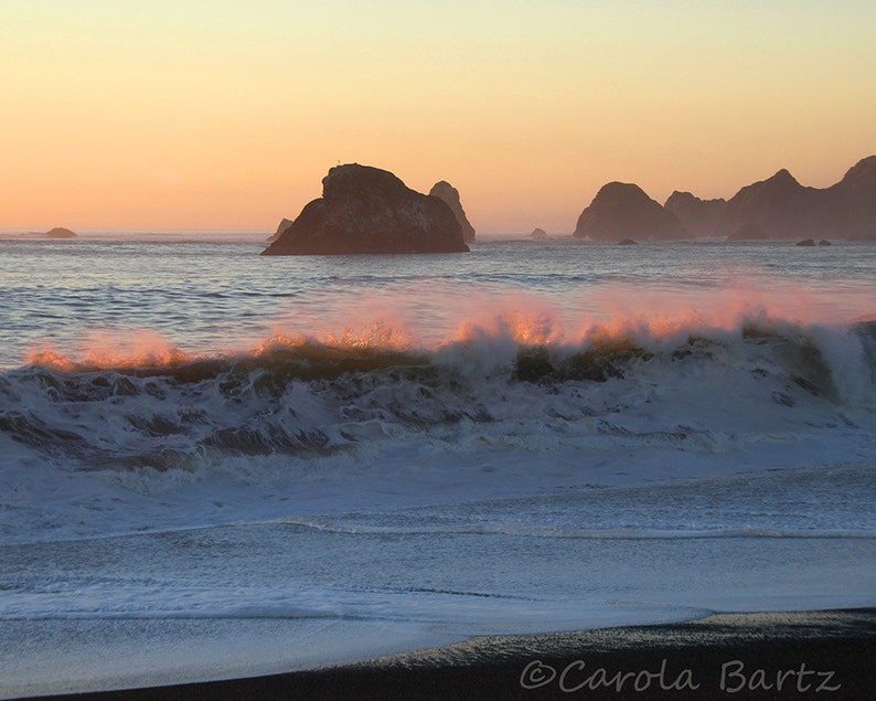 Pink Waves Photo  Pacific Ocean at Sunset  Fine Art image 0