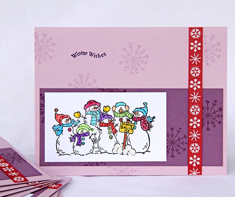 Playful Snowmen on Lavender Christmas Cards  Boxed Set of 8 image 0