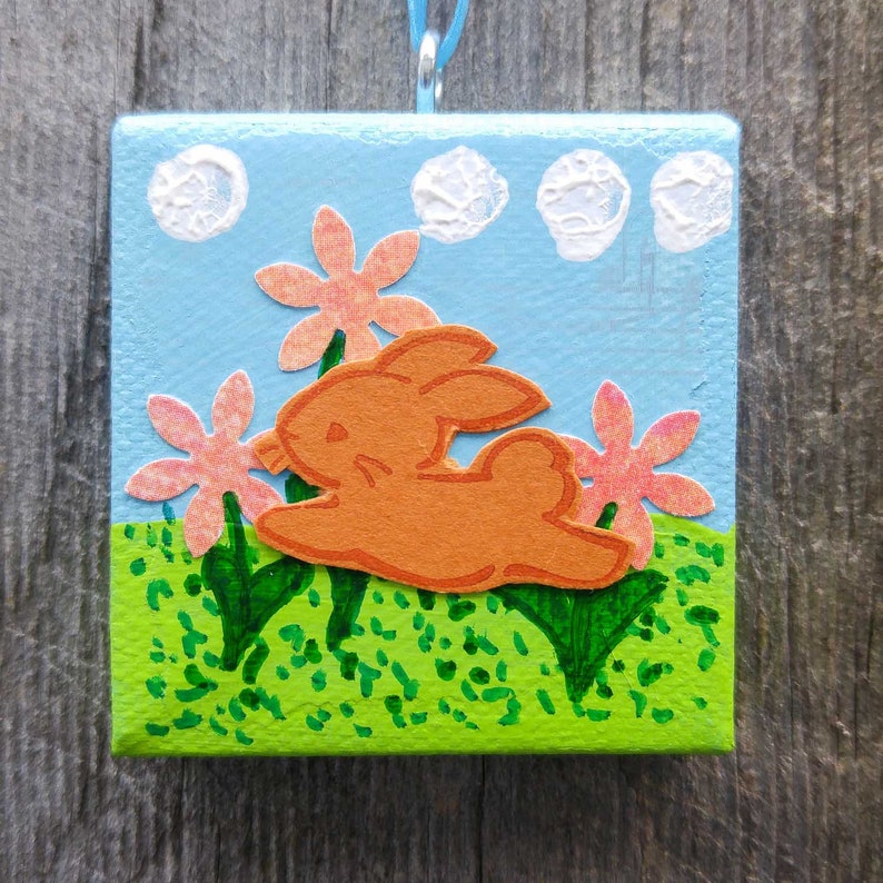 Hopping Bunny in Flowers Ornament Tiny Painted Ornament Mini image 0