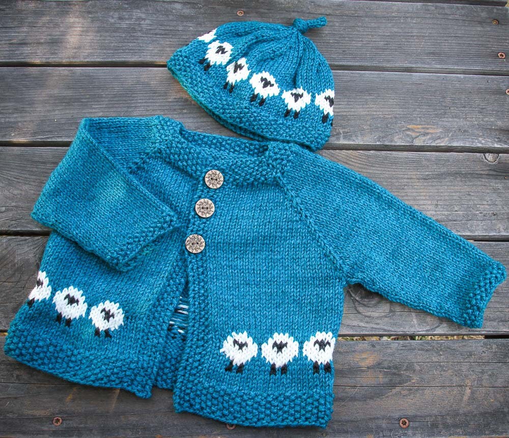 Hand Knitted Teal Blue Baby Cardigan with Sheep and Matching Etsy