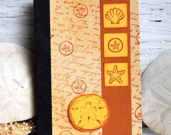 Sanddollar and Sea Shells Mini Journal - Beach Journal in Warm Yellow and Sienna - Handmade Pocket Notebook - Altered Composition Book