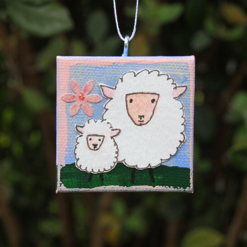 Mini Canvas Ornament with Mama Sheep and Her Lamb for Easter and Spring Original Mixed Media Artwork of Spring Sheep Mother and Child image 1