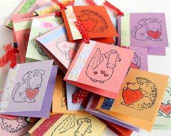 Animal Classroom Valentine Cards, Kids Valentines, Handmade Mini Notecards, Happy Valentine's Day, Crocodile, Hedgehog, Dog, Made to Order