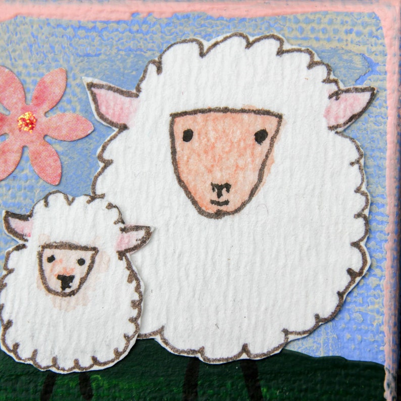 Mini Canvas Ornament with Mama Sheep and Her Lamb for Easter and Spring Original Mixed Media Artwork of Spring Sheep Mother and Child image 5