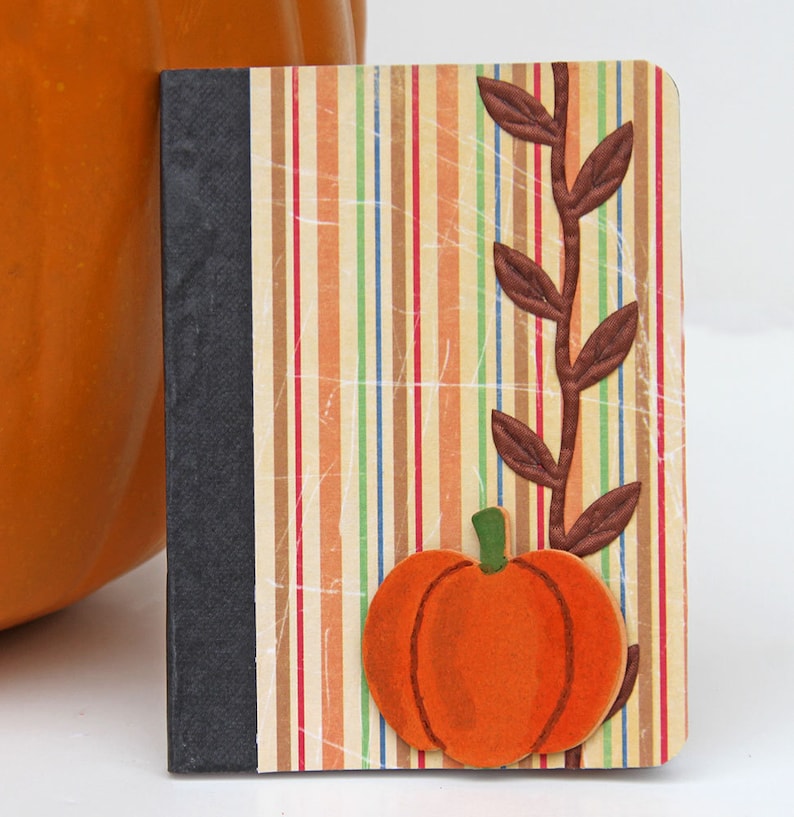 Striped Mini Journal with Pumpkin Handmade Pocket Notebook image 0