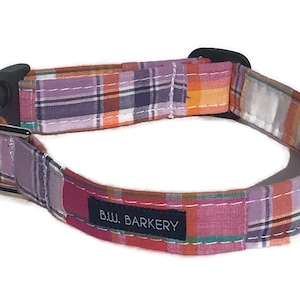 May include: A pink, orange, and purple plaid dog collar with a silver buckle and the text "B.W. BARKERY".